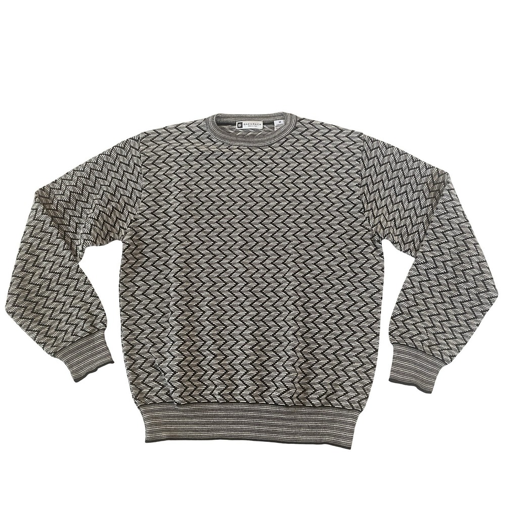 Bachrach Men's Size M Sweater Wool Blend Black White Stripe Geometric Italy